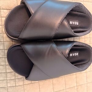 ROAM Black Slide Sandals with Gold Accent